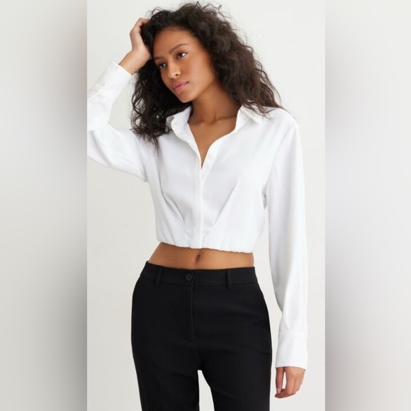 Dynamite White Cropped Long Sleeve Notched Collar Shirt - Picture 1 of 8
